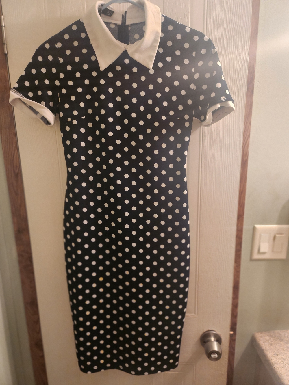 HOMEYEE Dark Blue  and White Polka Dot Collared Sheath Dress SMALL